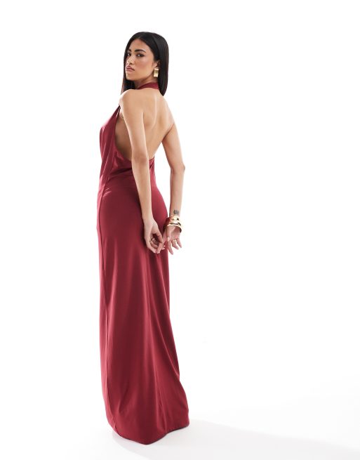 ASOS DESIGN – Ciemnoczerwona sukienka maxi z głębokim drapowanym dekoltem, 2 z 4