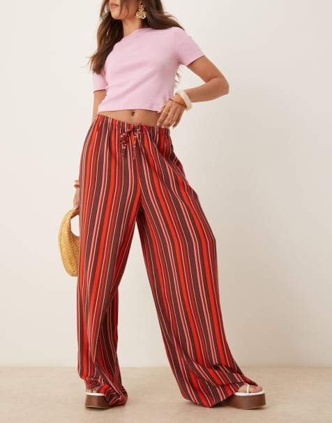 ASOS DESIGN – Ciemnoczerwone wciągane spodnie z szerokimi nogawkami z imitacji lnu w paski - view 1