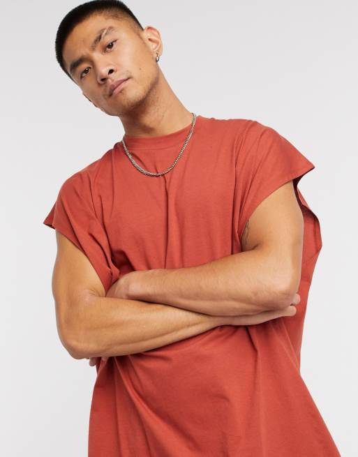 ASOS DESIGN – Ciemnoczerwony cienki T-shirt extreme oversize bez rękawów