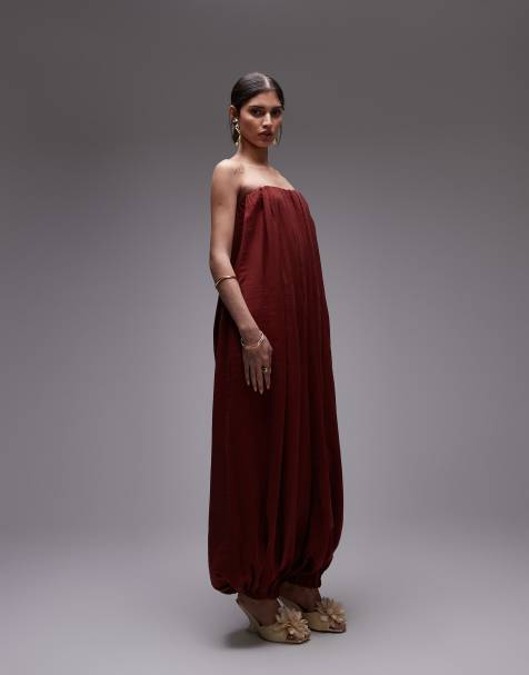 ASOS DESIGN modal bandeau bubble hem jumpsuit in brick red