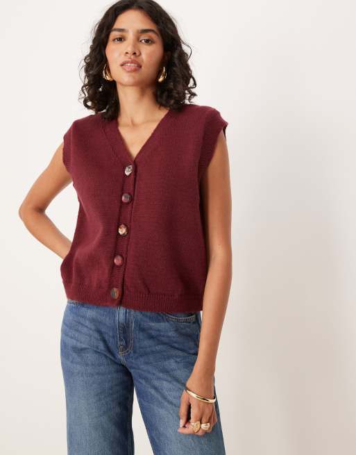 ASOS DESIGN – Ciemnoczerwony top bez rękawów z puszystej dzianiny z guzikami z tworzywa