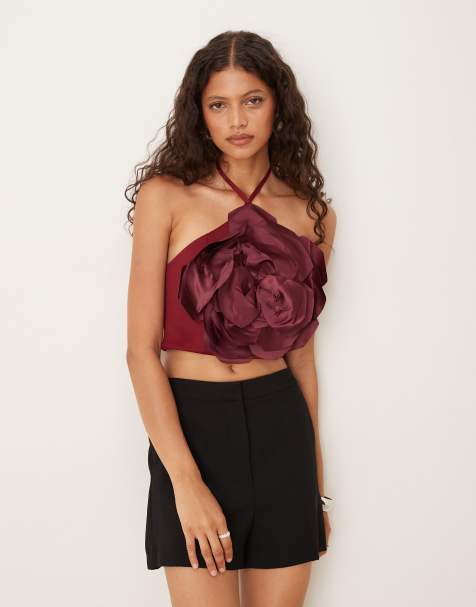 ASOS DESIGN floral corsage halter top in wine