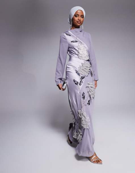 ASOS DESIGN satin chiffon mix embellished maxi dress with cowl neck in dusky purple 