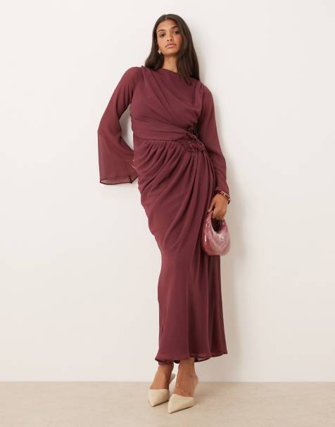 ASOS DESIGN chiffon maxi dress with 3D embroidered flower hip detail in berry