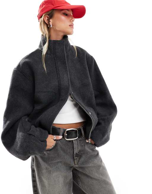 ASOS DESIGN – Ciemnografitowa szczotkowana kurtka bomberka z golfem