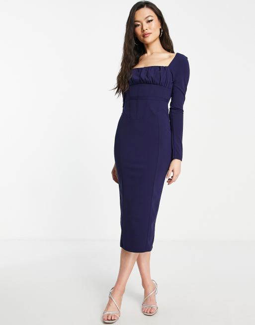 ASOS DESIGN – Ciemnoniebieska gorsetowa sukienka midi z długimi rękawami i marszczeniem na biuście