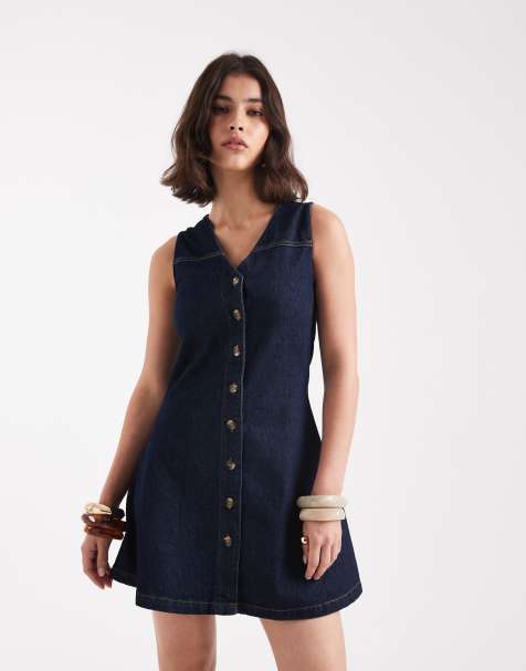 ASOS DESIGN denim sleeveless fit and flare mini dress in rinse