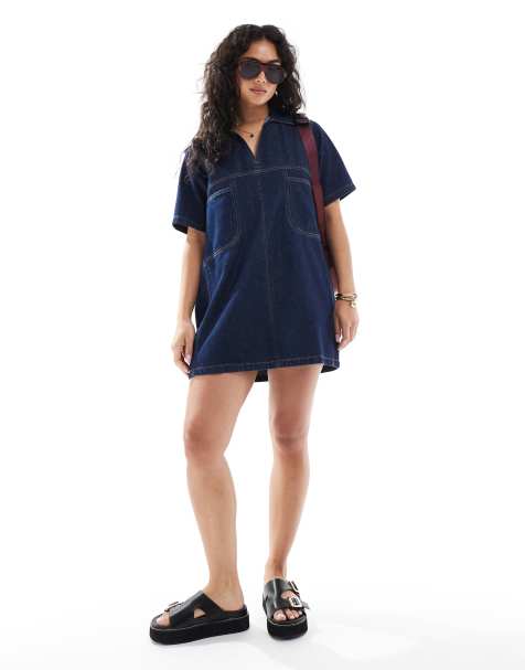 ASOS DESIGN denim polo mini dress with contrast seams in rinse
