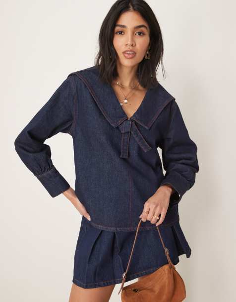 ASOS DESIGN – Ciemnoniebieska koszula bez kołnierza z czerwonymi szwami - view 1