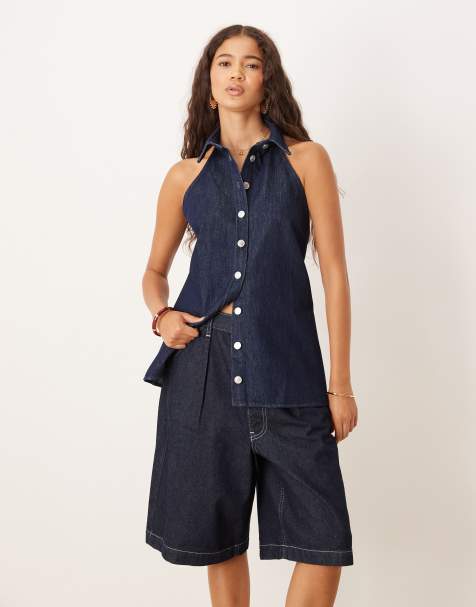 ASOS DESIGN – Ciemnoniebieska koszula jeansowa bez rękawów z kołnierzem i odkrytymi plecami - view 1