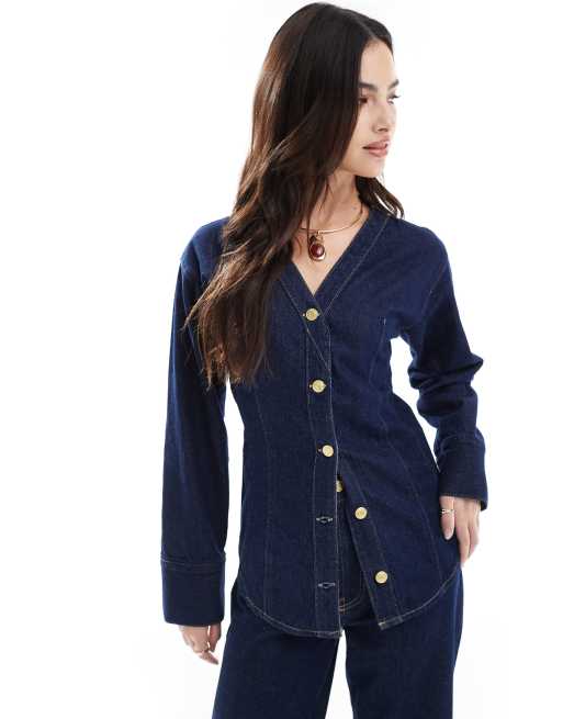 ASOS DESIGN – Ciemnoniebieska koszula jeansowa z dekoltem w kształcie litery V bez kołnierza, część zestawu