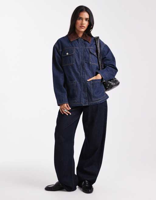 ASOS DESIGN – Ciemnoniebieska kurtka jeansowa z kontrastowym kołnierzem, 2 z 4