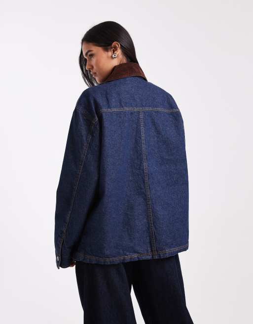 ASOS DESIGN – Ciemnoniebieska kurtka jeansowa z kontrastowym kołnierzem, 4 z 4