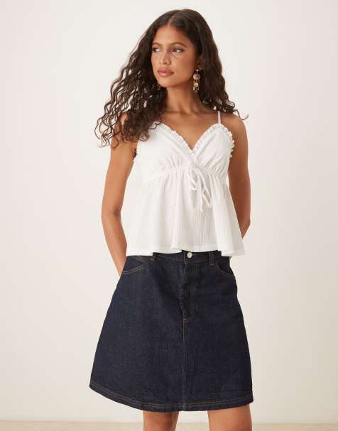 ASOS DESIGN awkward length denim skirt in rinse wash