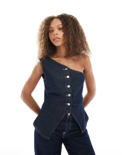 ASOS DESIGN denim one shoulder waistcoat with cinched waist in rinse wash
