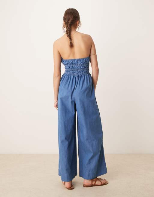 ASOS DESIGN – Ciemnoniebieski kombinezon bez ramiączek z marszczoną górą, 3 z 4