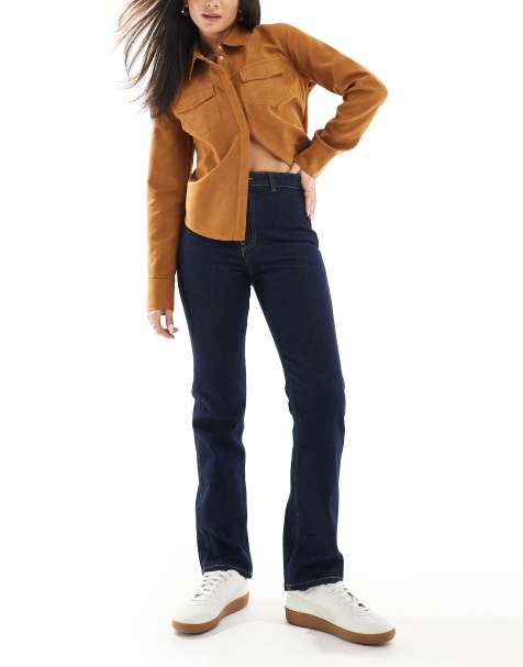ASOS DESIGN – Ciemnoniebieskie dopasowane jeansy z podwyższonym stanem, prostymi nogawkami i złotym guzikiem - view 1