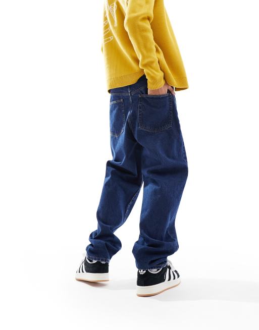 ASOS DESIGN – Ciemnoniebieskie jeansy o workowatym kroju z efektem sprania, 4 z 5