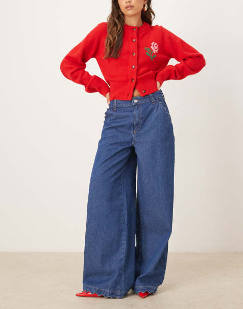 ASOS DESIGN wide leg palazzo jean with hem detail in dark wash