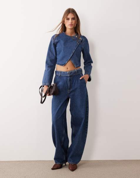 ASOS DESIGN barrel leg jeans in dark mid blue co-ord