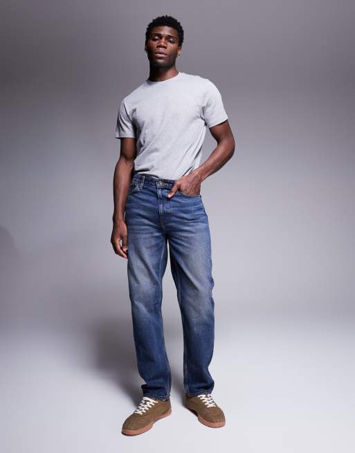 ASOS DESIGN – Ciemnoniebieskie jeansy z prostymi nogawkami z efektem przebarwienia w stylu vintage