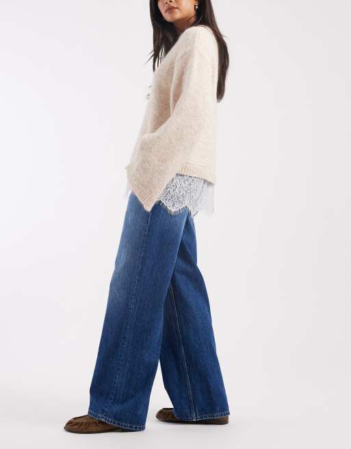ASOS DESIGN – Ciemnoniebieskie jeansy z szerokimi nogawkami i obniżonym stanem, 2 z 5