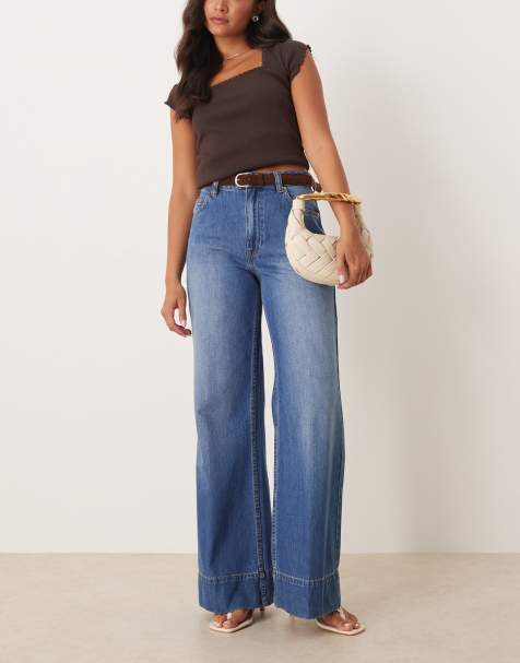 ASOS DESIGN wide leg jean with crease front and belt in dark mid wash