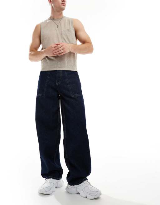 ASOS DESIGN – Ciemnoniebieskie luźne jeansy z kontrastowym szwem