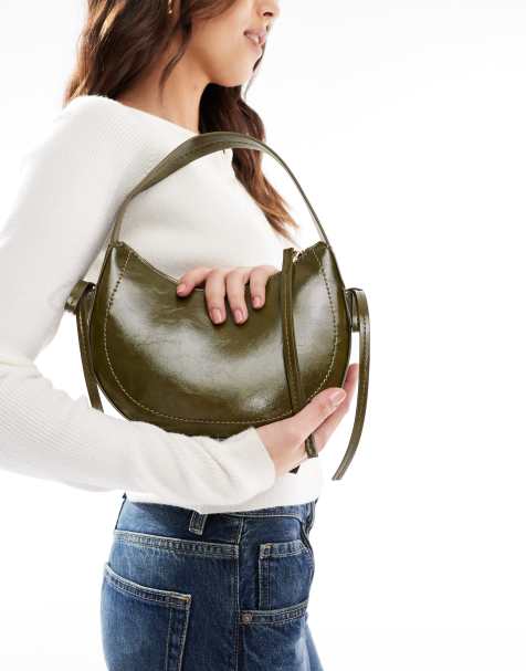 ASOS DESIGN – Ciemnooliwkowa półokrągła torebka na ramię z kokardkami z boku - view 1