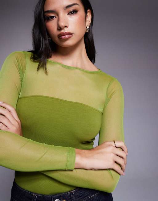 ASOS DESIGN – Ciemnooliwkowe body z długimi rękawami z siateczki