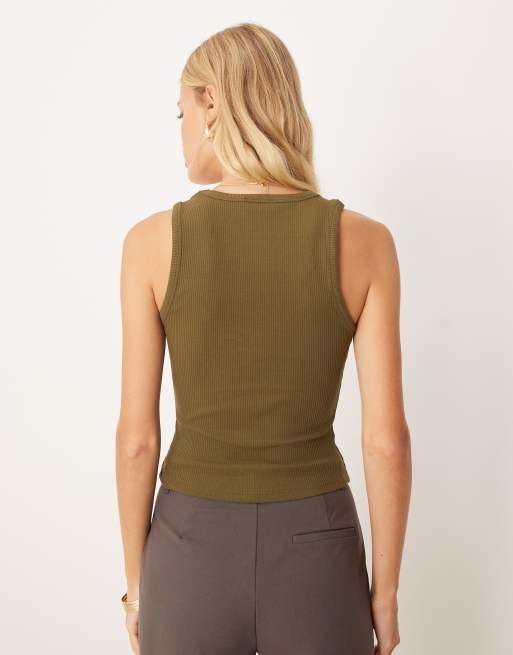 ASOS DESIGN – Ciemnooliwkowy prążkowany podkoszulek z dekoltem w szpic, 2 z 4
