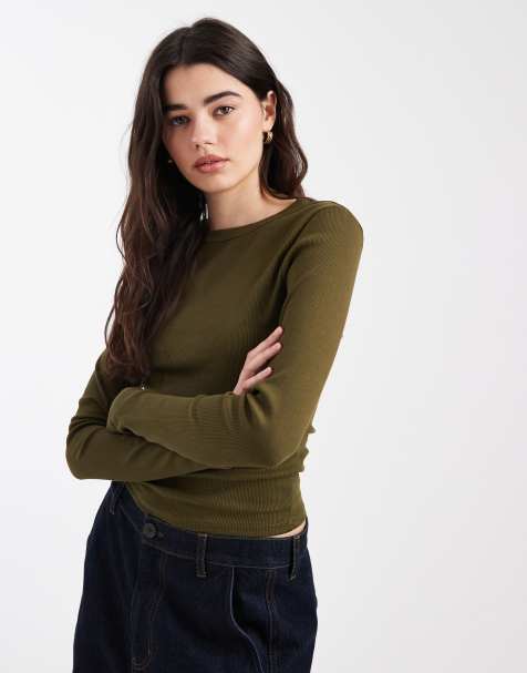 ASOS DESIGN – Ciemnooliwkowy prążkowany top z długimi rękawami i okrągłym dekoltem - view 1