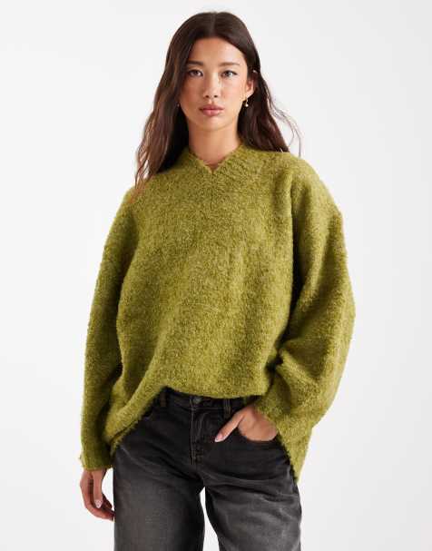 ASOS DESIGN longline v neck jumper in boucle in dark olive