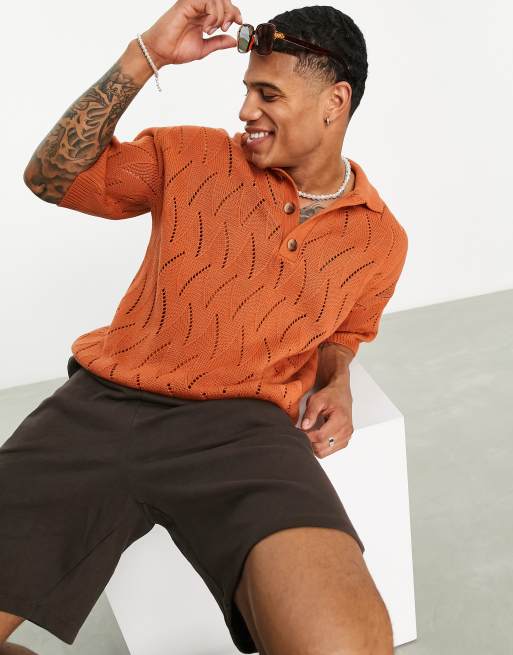 ASOS DESIGN – Ciemnopomarańczowa koszulka polo oversize z dzianiny pointelle