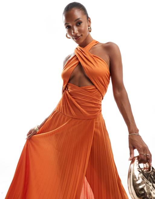 ASOS DESIGN – Ciemnopomarańczowa plisowana sukienka midi z dekoltem typu halter i skrzyżowanymi ramiączkami
