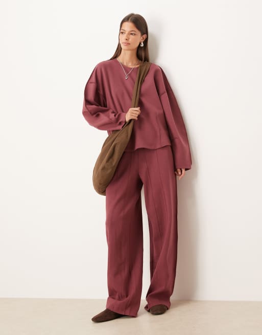 ASOS DESIGN – Ciemnoróżane joggersy z bardzo szerokimi nogawkami z dzianiny interlock z ozdobnymi szwami