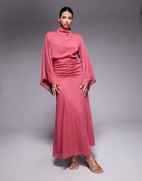 ASOS DESIGN volume sleeve maxi dress with ruched skirt in deep rose