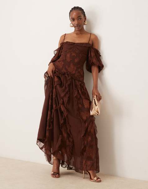 ASOS DESIGN – Ciemnoruda sukienka midi w kwiatowy żakardowy wzór z dekoltem bardot, bufkami i obniżoną talią - view 1