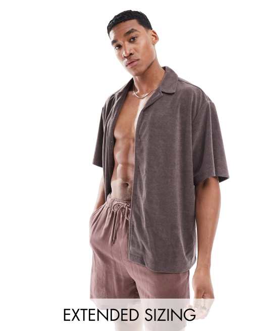 ASOS DESIGN – Ciemnoszara koszula oversize z kołnierzykiem kubańskim z materiału frotté