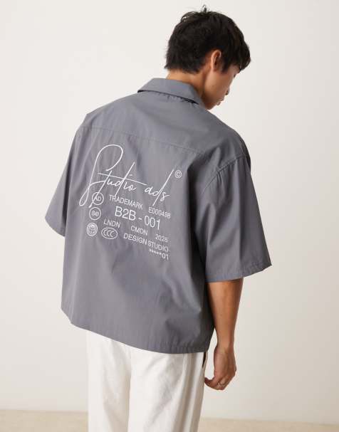 ASOS DESIGN oversized half sleeve shirt with embroidery in dark grey