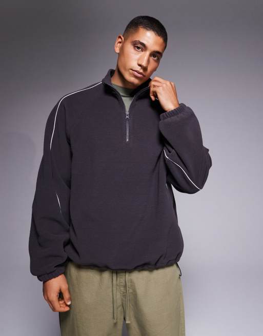 ASOS DESIGN – Ciemnoszara luźna bluza polarowa z zamkiem pod szyją i kontrastową lamówką