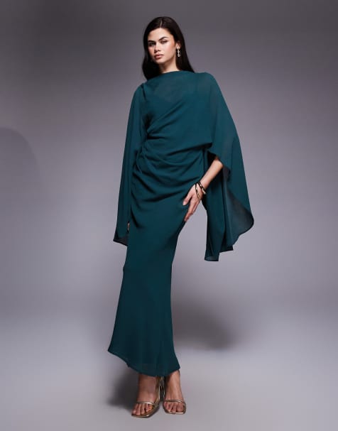 ASOS DESIGN – Ciemnoturkusowa drapowana sukienka midaxi z kimonowymi rękawami, odkrytymi plecami i pelerynką - view 1