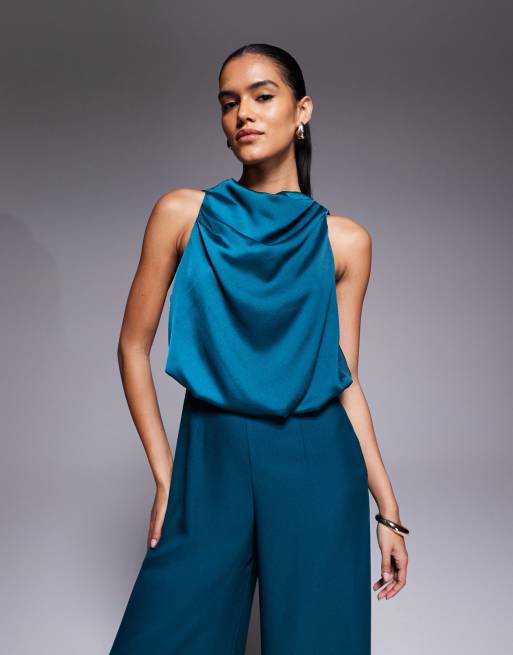 ASOS DESIGN – Ciemnoturkusowy kombinezon z satynową górą i drapowanym dekoltem, 2 z 4