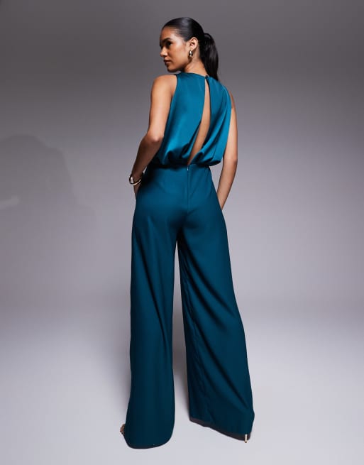 ASOS DESIGN – Ciemnoturkusowy kombinezon z satynową górą i drapowanym dekoltem, 3 z 4
