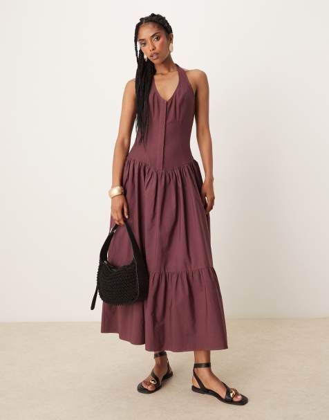 ASOS DESIGN – Ciemnowinogronowa lniana hybrydowa sukienka maxi z dekoltem halter z popeliny - view 1