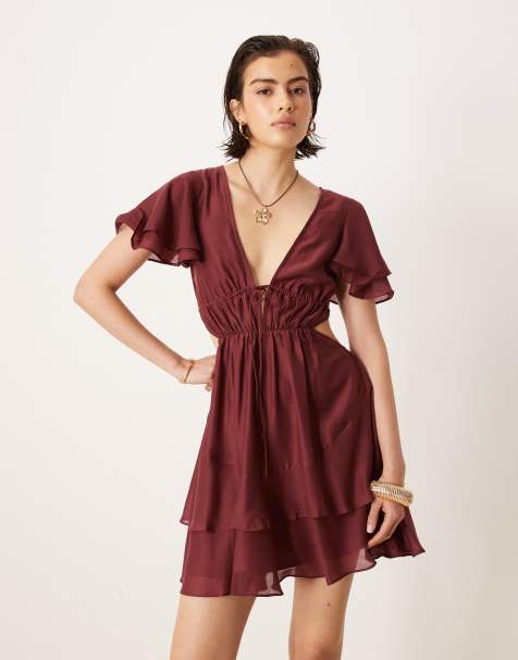 ASOS DESIGN v neck angel sleeve cut out mini dress in deep grape