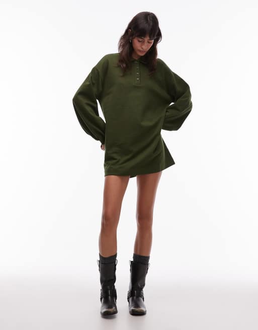 ASOS DESIGN – Ciemnozielona bawełniana sukienka dresowa mini z górą o kroju koszulki polo