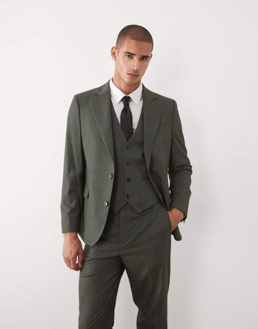 ASOS DESIGN – Ciemnozielony garnitur o dopasowanym kroju w jodełkę, 3 z 4