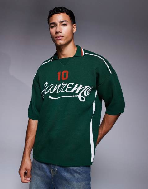 ASOS DESIGN relaxed knitted polo with sport graphic in dark green