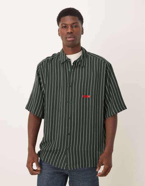 ASOS DESIGN oversized stripe shirt with chest embroidery in dark green stripe